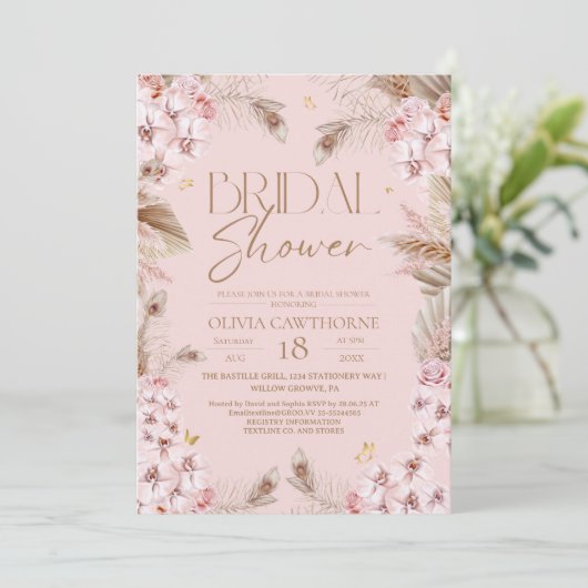 Boho Rustic Pink Bridal Shower Invitation Einladung (Stehend Vorderseite)