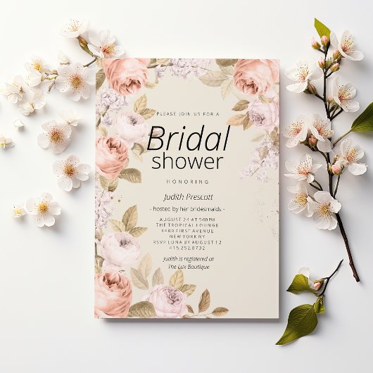 Boho rustic pink coral ivory floral Bridal Shower Einladung