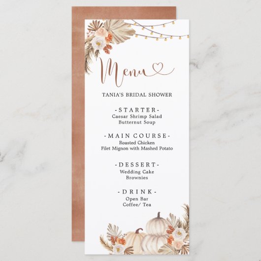 Boho Rustic Pumpkin Fall in Liebe Menu Card Menükarte (Vorne/Hinten)