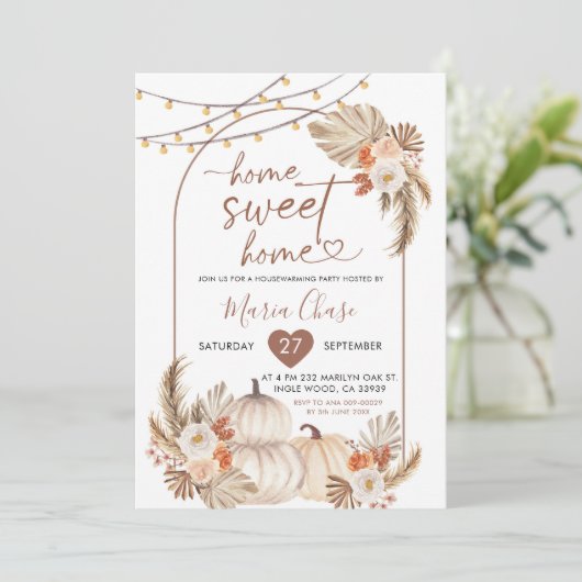 Boho Rustic Pumpkin Zuhause Sweet Zuhause Housewär Einladung (Stehend Vorderseite)