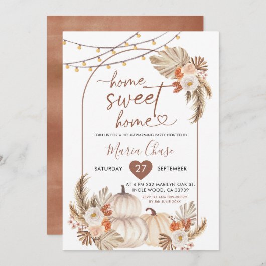 Boho Rustic Pumpkin Zuhause Sweet Zuhause Housewär Einladung (Vorne/Hinten)