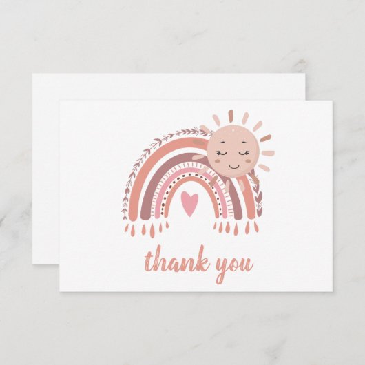 Boho Rustic Rainbow & Sun Baby Shower for Girl Dankeskarte (Vorne/Hinten)