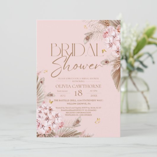 Boho Rustic Rose Pink Bridal Shower Invitation Einladung (Stehend Vorderseite)