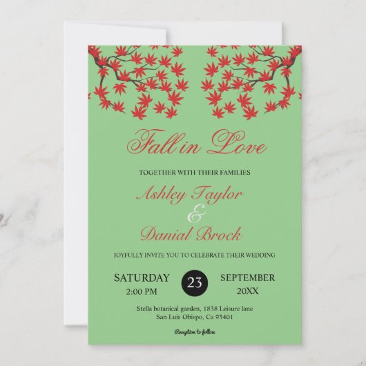 Boho Rustic Sage Green Red Blätter Hochzeit im Her Einladung (Vorderseite)