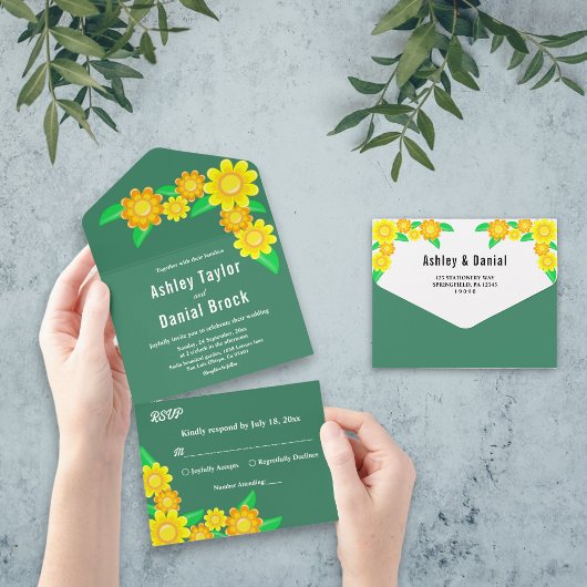 Boho Rustic Sonnenblume Grüne Frühlingsblüte Hochz All In One Einladung