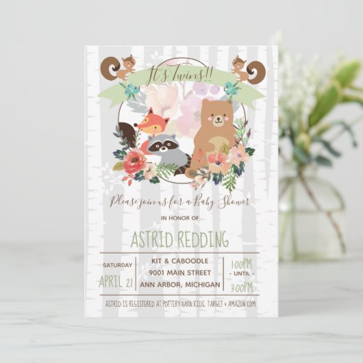 Boho Rustic Spring Birch Woodland Twins Dusche Einladung (Stehend Vorderseite)
