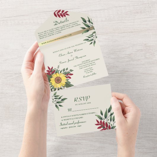 Boho Rustic Sunflower Wedding All In One Einladung (Abreißen)