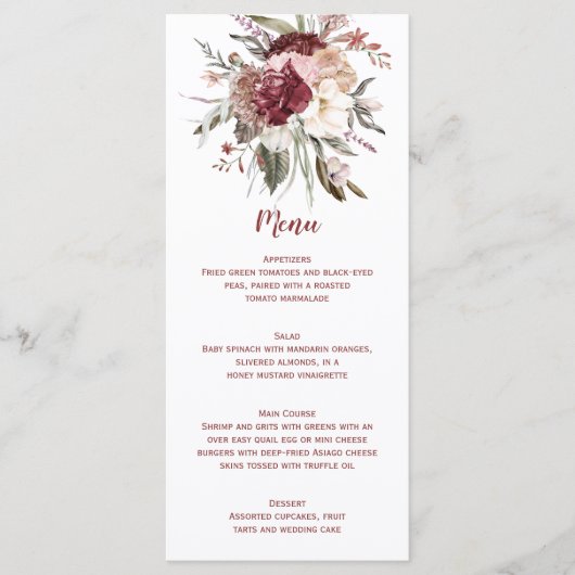 Boho Rustic Terracotta Peach Marsala Wedding Menu Menükarte (Vorderseite)