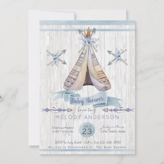 Boho Rustic Tipi & Arrows Blue Boy Baby Dusche Einladung (Vorderseite)