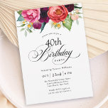 Boho Rustic Watercolor Floral 40. Geburtstag Party Einladung<br><div class="desc">Die wunderschöne feminine und rustikale Party Einladung im boho-Stil aus dem 40. Jubiläum hat eine prächtige Farbpalette in Terrakotta, tiefer Pfirsich, bordeauxrot, lila, aquamarin und gelb. Die schönen botanischen Aquarellelemente haben eine naturinspirierte Bio Anziehungskraft und machen den einladenden Pop stilvoll. Elegante Kalligraphie-Skripte Zauber das Wort "Geburtstag" mit Flair. Personalisieren Sie...</div>