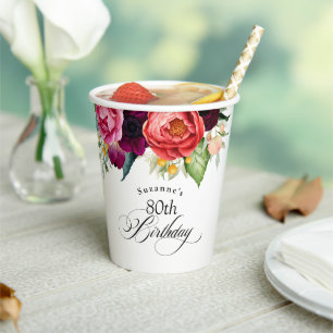 Boho Rustic Watercolor Floral 80. Geburtstagsparty Pappbecher