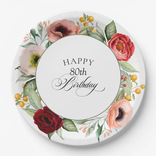 Boho Rustic Watercolor Floral 80. Geburtstagsparty Pappteller (Vorderseite)