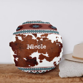 Boho Rustic Western Cowhide Name Rundes Kissen