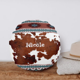 Boho Rustic Western Cowhide Name Rundes Kissen