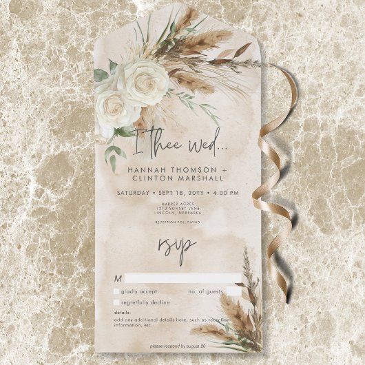 Boho Rustic White Roses & Pampas Hochzeit No Dinne All In One Einladung