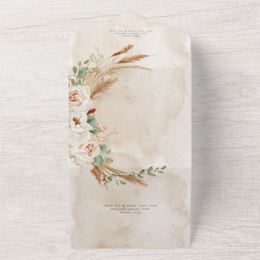 Boho Rustic White Roses & Pampas Hochzeitsessen All In One Einladung (Außenbereich)