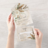 Boho Rustic White Roses & Pampas Hochzeitsessen All In One Einladung (Abreißen)