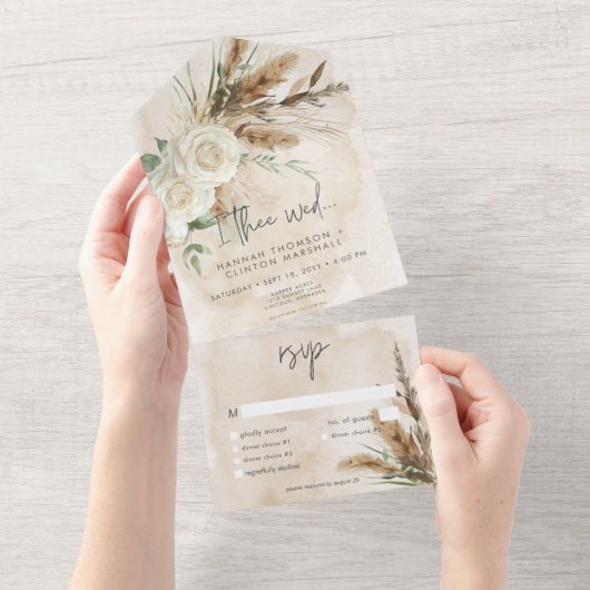 Boho Rustic White Roses & Pampas Hochzeitsessen All In One Einladung (Abreißen)