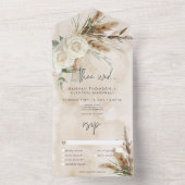 Boho Rustic White Roses & Pampas Hochzeitsessen All In One Einladung (Innen Boden)