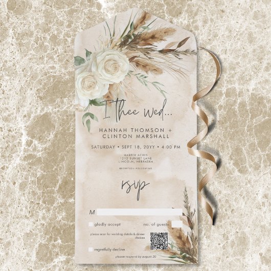 Boho Rustic White Roses & Pampas Wedding QR Code All In One Einladung