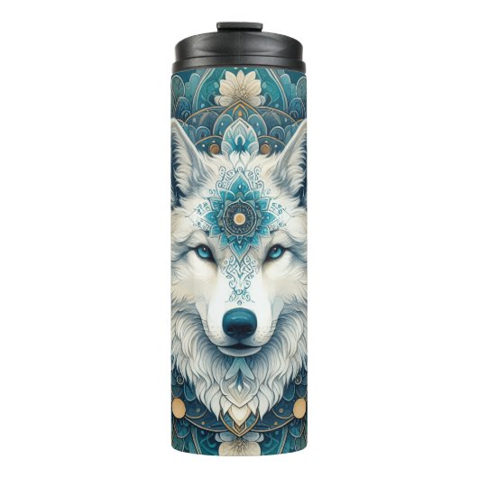 Boho Rustic White Wolf Mandala Thermosbecher (Vorderseite)