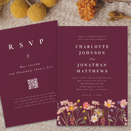 Boho Rustic Wildblume Burgundy Wedding Einladung