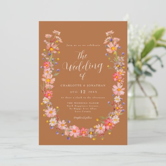 Boho Rustic Wildblume Hochzeit im Herbst Einladung (Stehend Vorderseite)