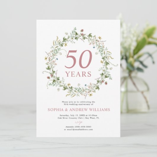 Boho Rustic Wildblumen 50. Hochzeitstag Einladung (Stehend Vorderseite)