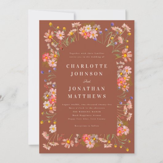 Boho Rustic Wildblumen Burnt Orange Wedding Einladung (Vorderseite)