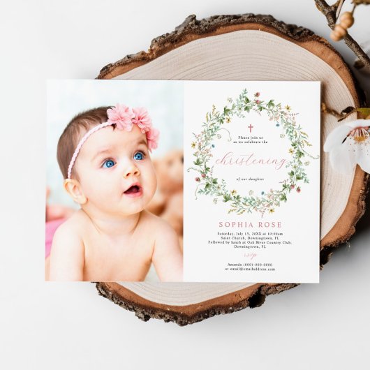 Boho Rustic Wildblumen Foto Christening Einladung