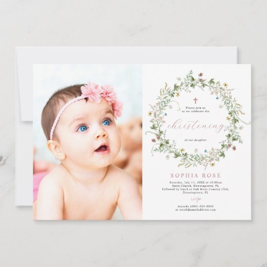 Boho Rustic Wildblumen Foto Christening Einladung (Vorderseite)