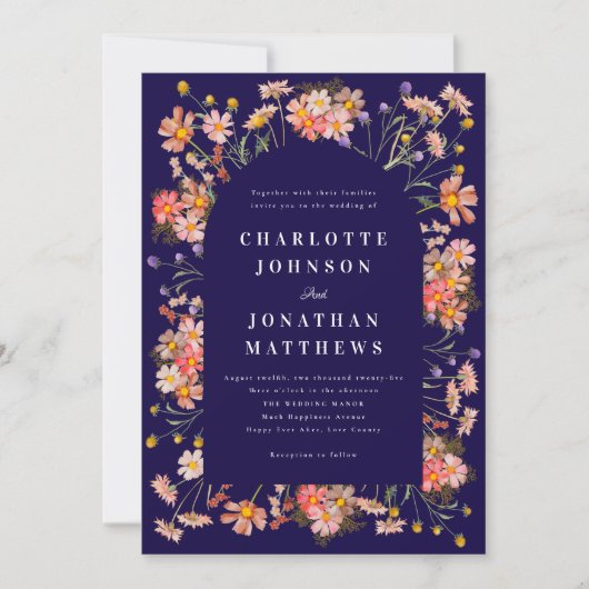 Boho Rustic Wildblumen Navy Blue Wedding Einladung (Vorderseite)