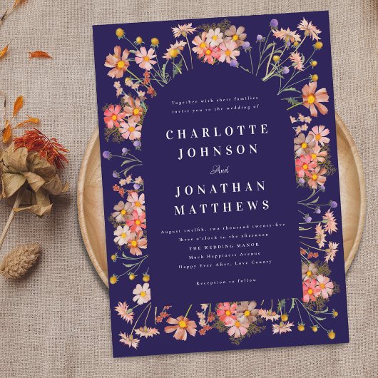 Boho Rustic Wildblumen Navy Blue Wedding Einladung
