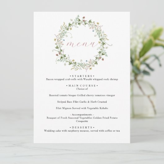 Boho Rustic Wildblumen Wedding Menu Menükarte (Stehend Vorderseite)