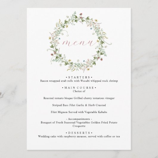 Boho Rustic Wildblumen Wedding Menu Menükarte (Vorderseite)