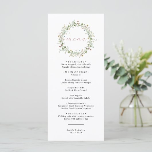 Boho Rustic Wildblumen Wedding Menu Menükarte (Stehend Vorderseite)