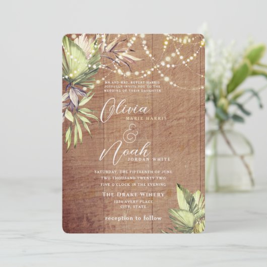 Boho Rustic Wood and Lights Einladung (Stehend Vorderseite)