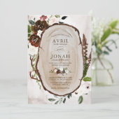 Boho Rustic Wood & Floral Burgund Rose Hochzeit Einladung (Stehend Vorderseite)