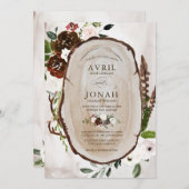 Boho Rustic Wood & Floral Burgund Rose Hochzeit Einladung (Vorne/Hinten)