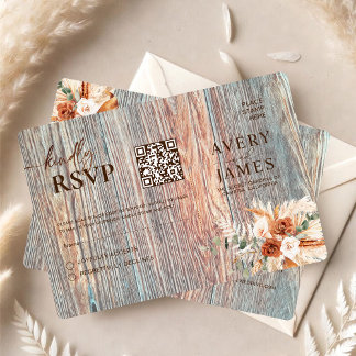 Boho Rustic Wood Grain QR Code RSVP Card