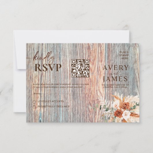 Boho Rustic Wood Grain QR Code RSVP Card (Vorderseite)
