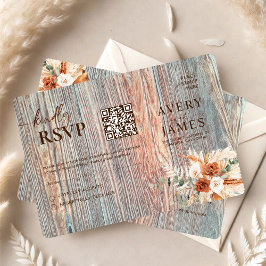 Boho Rustic Wood Grain QR Code RSVP Card Karte