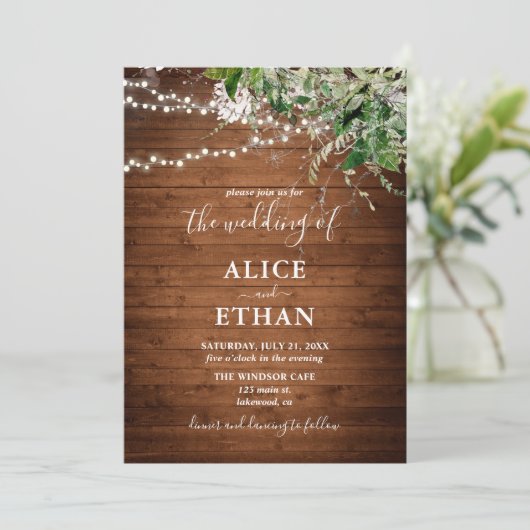 Boho Rustic Wood Greenery Einladung Hochzeit (Stehend Vorderseite)