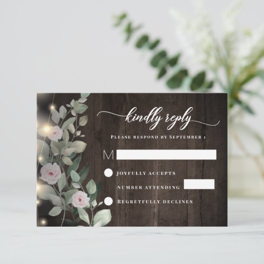 Boho Rustic Wood Lights Boho Greenery RSVP Karte (Stehend Vorderseite)
