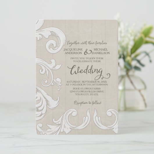 BOHO Rustic Wood n Lace Bohemisch Country Chic Einladung (Stehend Vorderseite)