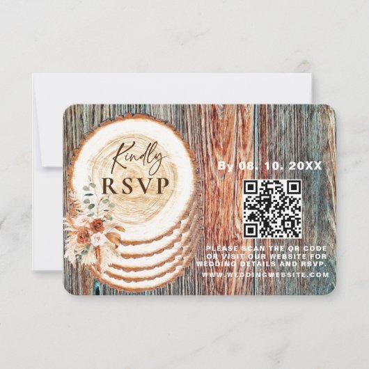 Boho Rustic Wood Slice RSVP Card with QR Code (Vorderseite)
