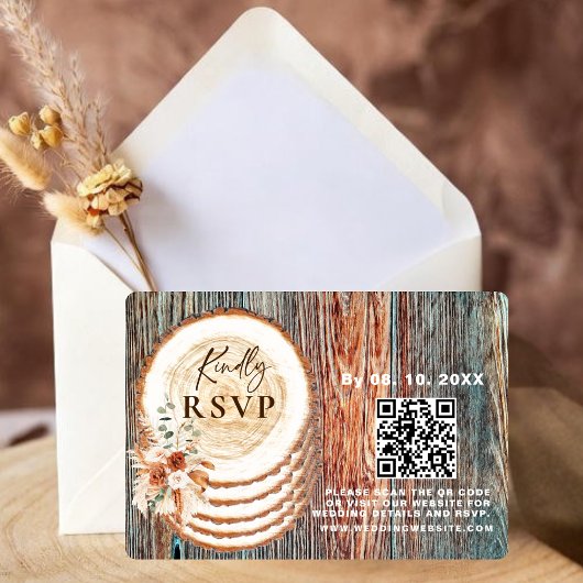 Boho Rustic Wood Slice RSVP Card with QR Code Karte