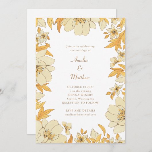 Boho Rustic Yellow Floral Border Wedding Einladung (Vorne/Hinten)