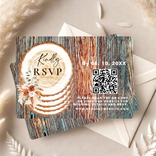 Boho-Rustikal Holzscheibe-RSVP-Karte mit QR-Code RSVP Karte