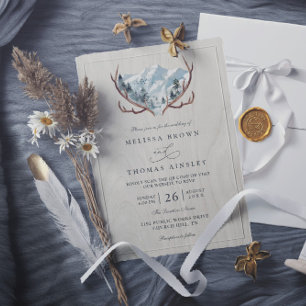 Boho-Rustikal-Holzwidderkopf-Berg-QR-Code-Hochzeit Einladung